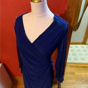 (NWT): Blue Wrap Dress / dress with sleeves/ knee length/ sheer sleeves